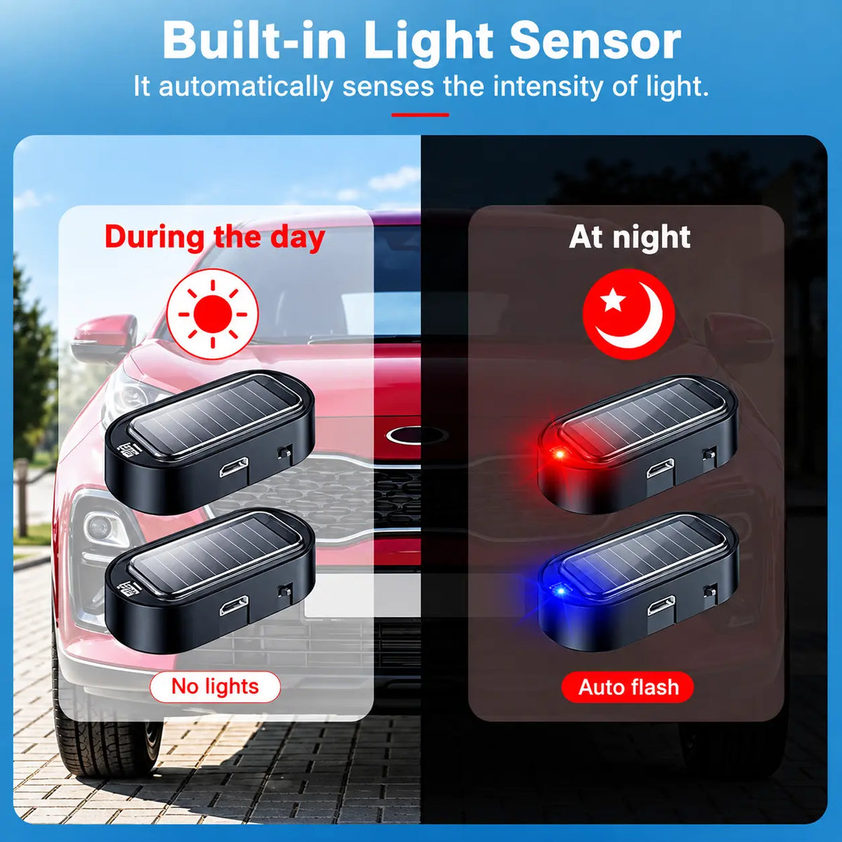 Solar Powered Fake Car Alarm Light, Auto Light Sensor LED Simulated Security Warning Flashing Light, No Wiring DIY Car Anti-Theft Dummy Alarm Lamp
